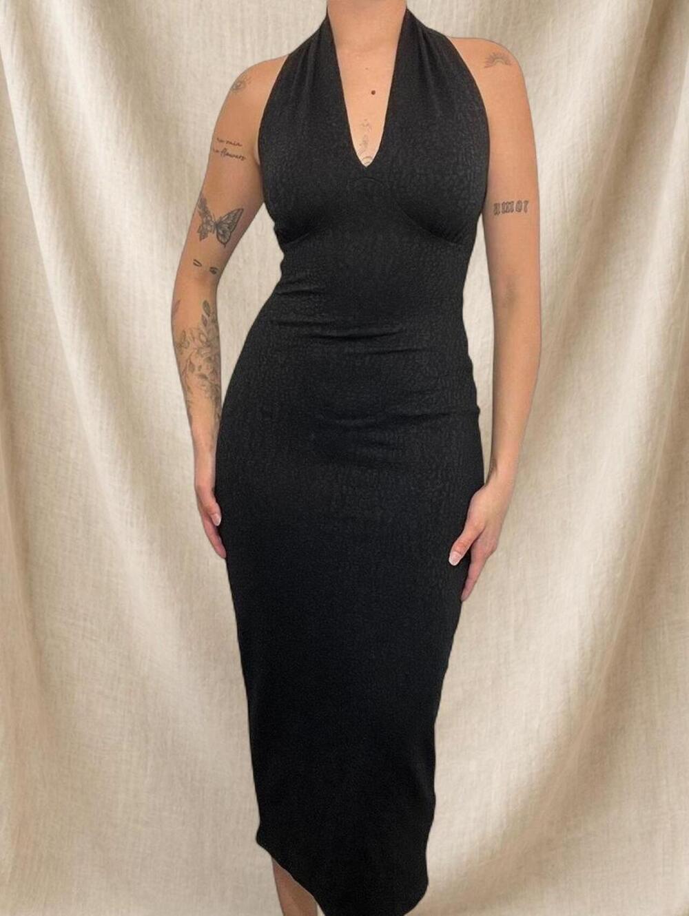 Betsey Johnson black halter neck midi dress with subtle animal print pattern